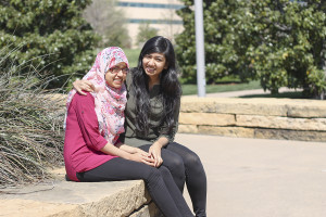 Parthasarathy S.K. |Staff Business administration freshman Zarifa Barkatullah (left) and accounting junior Zarah Barkatullah are sisters and believe wearing the hijab goes along with commitments like eating halal food. 