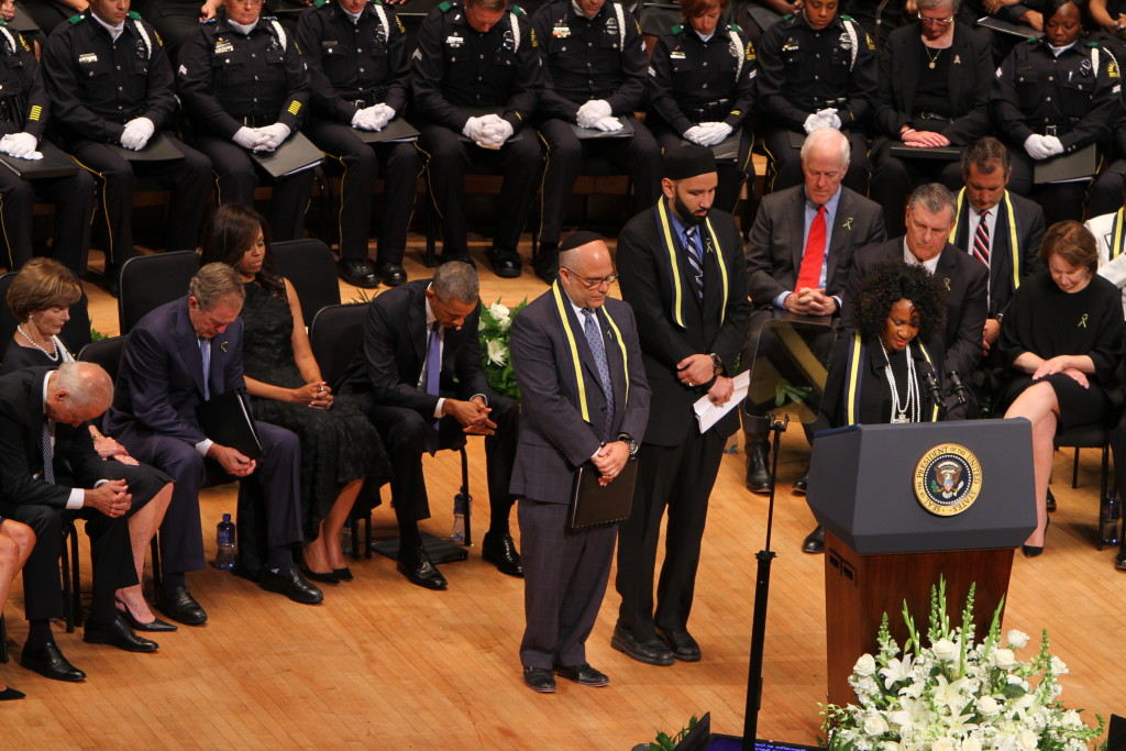 Rabbi Andrew Marc Paley (left), Imam Omar Suleiman and Dr. Sheron C. Patterson spoke at the interfaith memorial service. 
