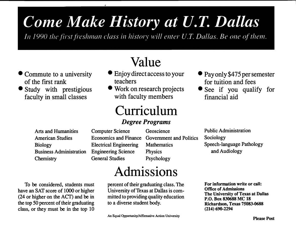 Special Collections Dept./Courtesy
UTD recruited high school seniors for its first freshman class with the "Come Make History" slogan.