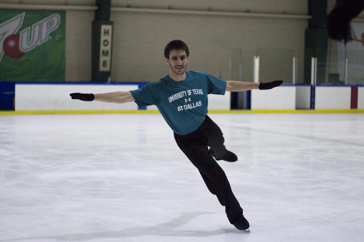 Jason Cohn, a supply chain management sophomore, picked up an interest in figure skating from his mother and brother and competed up to the novice level. Though he no longer skates competitively, he practices once a month at a rink in Plano to keep in shape. Photo by Chris Lin | Mercury Staff.