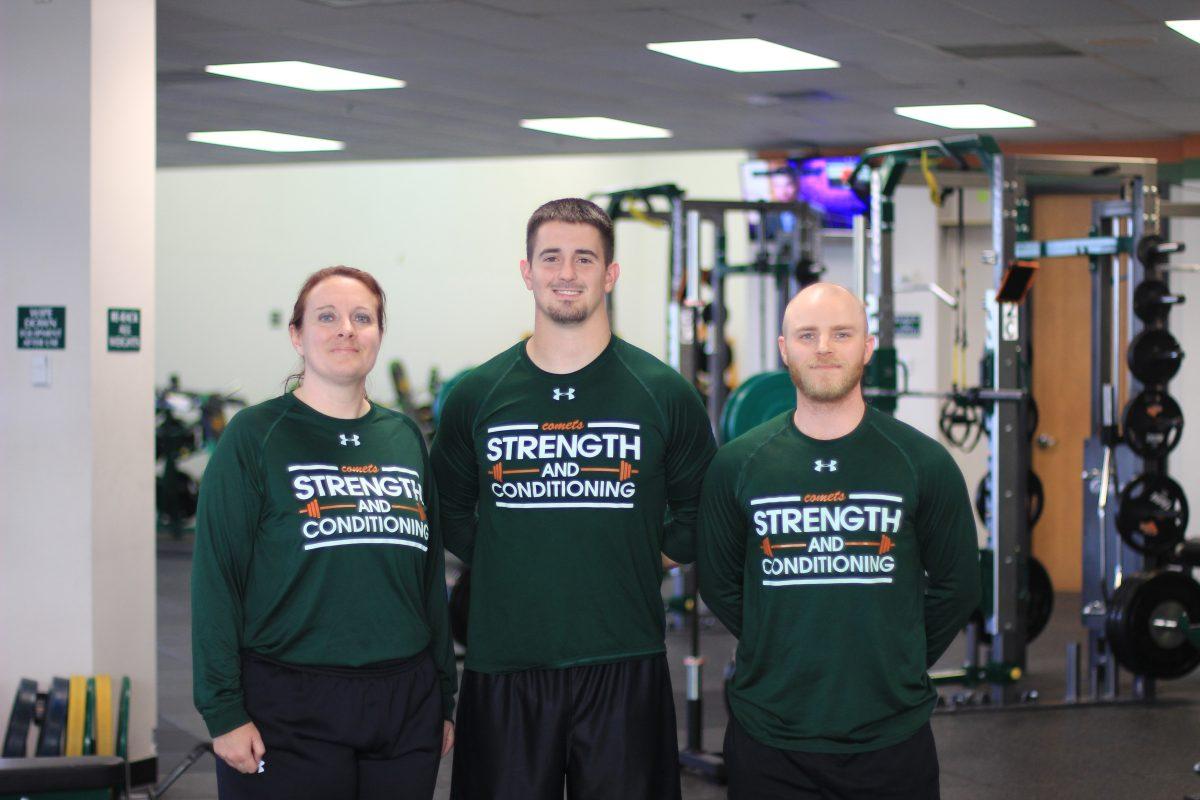 Jamie Clinton (left) was UTD’s first-ever strength and conditioning coach. She is joined by assistant trainer Jordan Worrel (center) in the Athletics Performance Center, the private training room for student-athletes. Photo by Ankith Averineni | Mercury Staff.