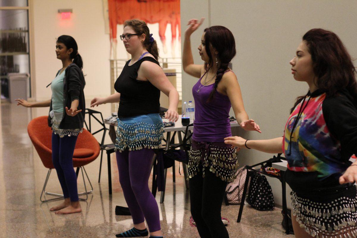 ITS sophomore Payal Shah (left), psychology junior Sara D’Ambrosia, cognitive science junior Yesenia Morales and business administration and marketing junior Magdalena Cortez practice a routine. Photo by Saher Aqeel | Photo Editor.