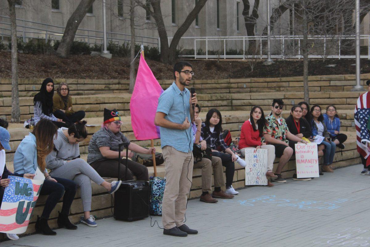 Bilal Moon of the Muslim Student Association speaks at the "We are UTD" event. Photo by Ruth Varghese | Mercury Staff.