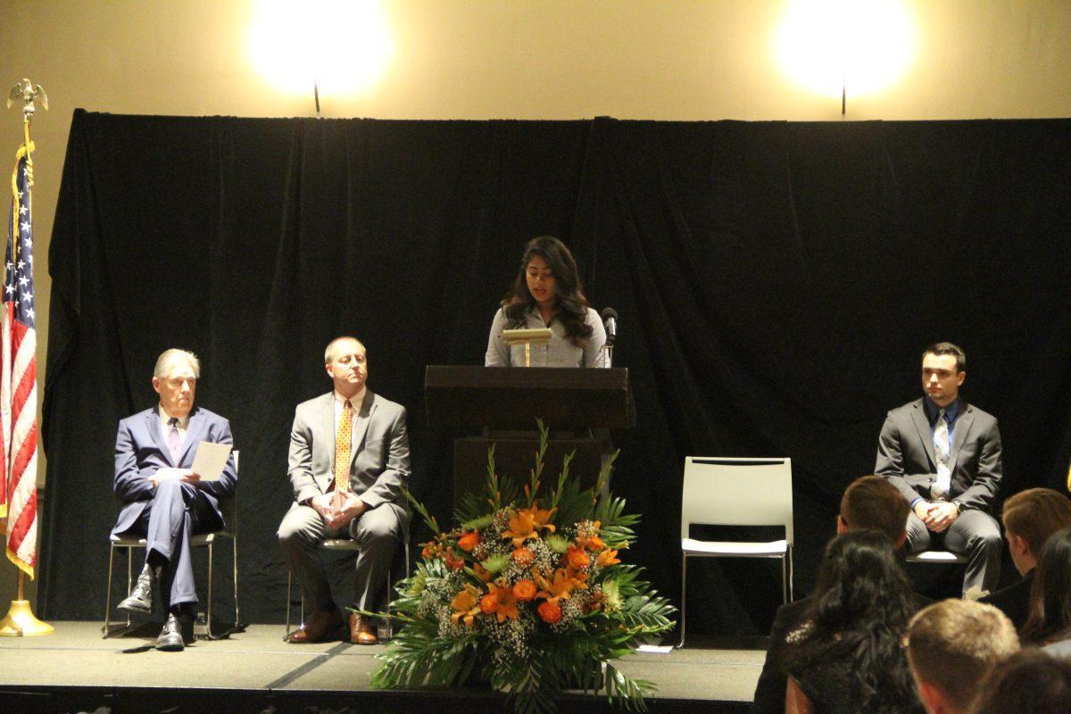 Executive VP Hobson Wildenthal, VP for Student Affairs Gene Fitch, SG President Akshitha Padigela and SG Vice President Joey Campaign spoke at Comets Remembered to honor students lost in the past academic year. Photo by Sid Patel | Mercury Staff.