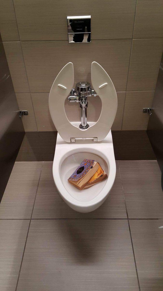 Student Government Senator Jonathan Schuler found Qurans in the toilet in a bathroom on the upper floor of the SU on March 28. SG reported the matter to UTD PD immediately. Photo courtesy of Sammy Lutes.