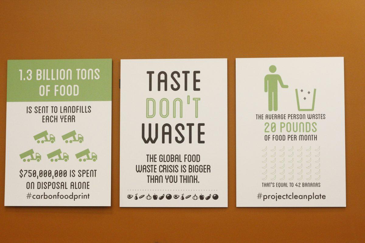 The UTD chapter of the national Food Recovery Network raises awareness by posting facts and figures about food waste on the walls of Dining Hall West and on paper napkins. The group was established in 2016. Photo by Saher Aqeel | Photo Editor.
