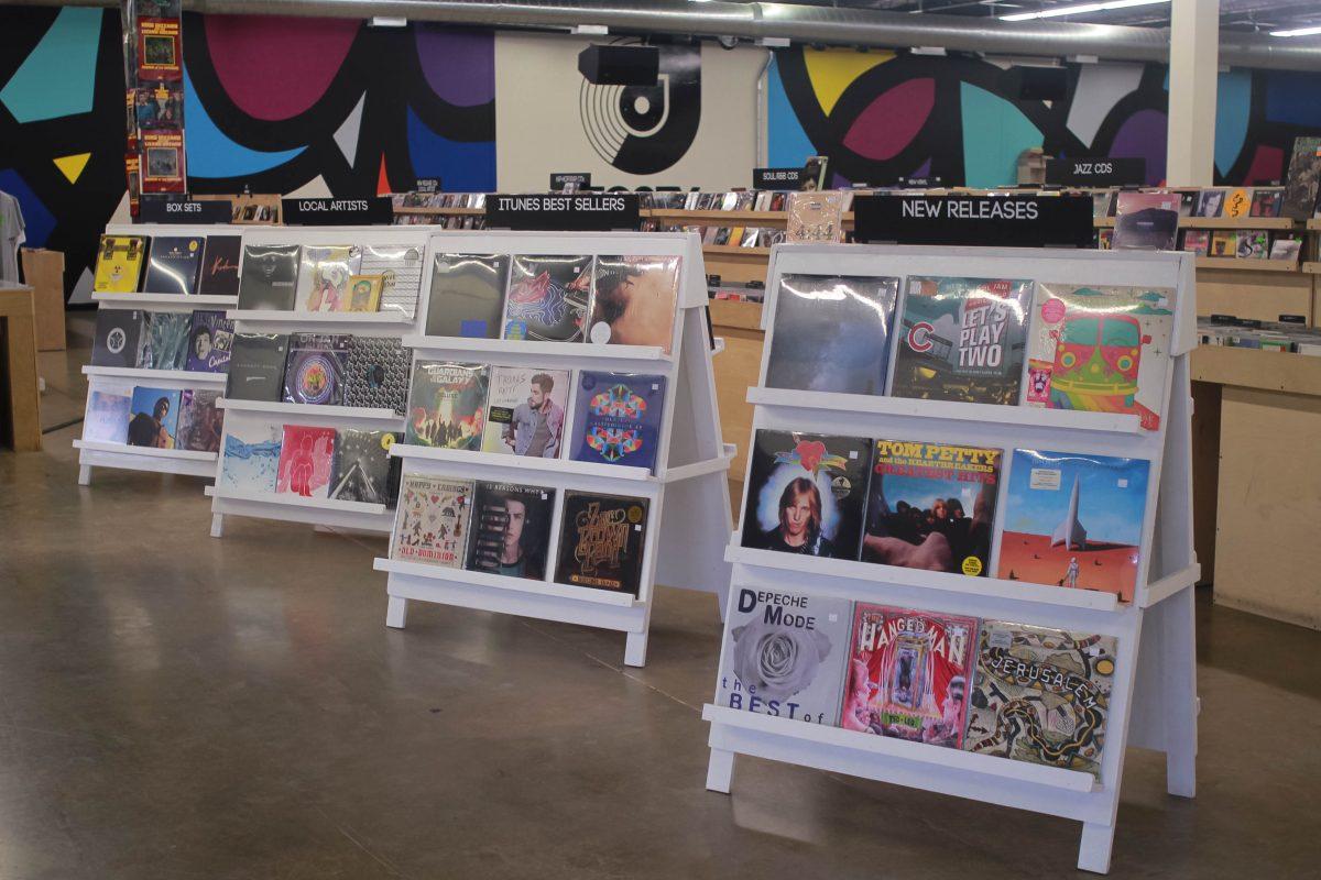 Display stands at Josey  Records in Farmers Branch. Photo by Erin Eubanks | Mercury Staff.
