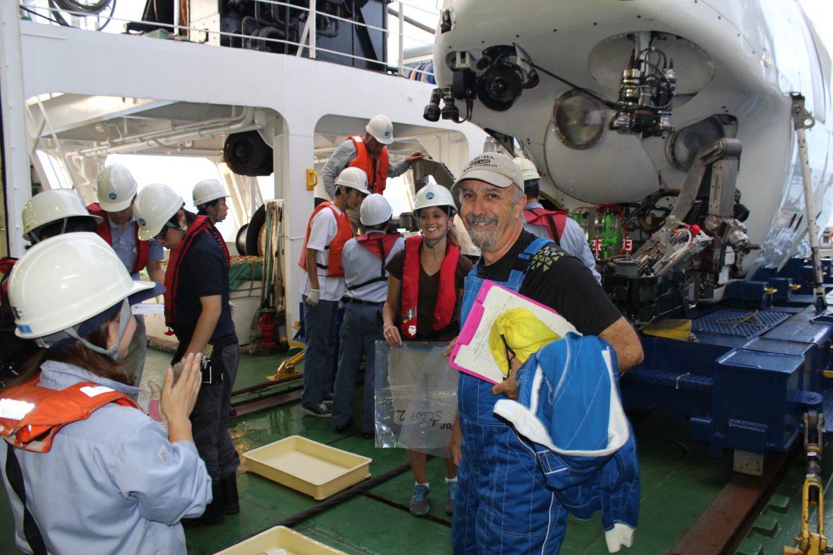 Associate Professor of geology Ignacio Pujana prepares to board a submarine for a month-long expedition to study the bottom of the Mariana Trench. Photo courtesy of Ignacio Pujana.
