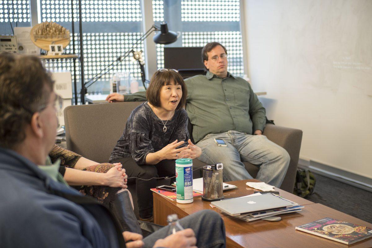 A group of professors collaborate to create Scaffolded Training Environment Physics Programming, an interactive learning environment for integrating physics and computer science. Associate ATEC professor Midori Kitagawa (center) spearheaded the concept for the STEPP program and received a $1 million NSF grant for the project. Photo by Anupam Gupta | Mercury Staff.