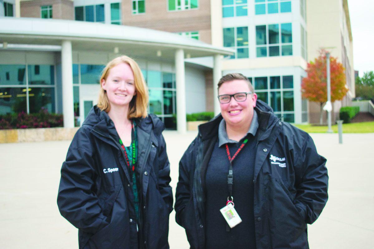 Continuity planning specialist Courtney Spooner (left) and emergency management specialist Angela Dees manage UTD's new weather station. Photo by Nadine Omeis | Mercury Staff.