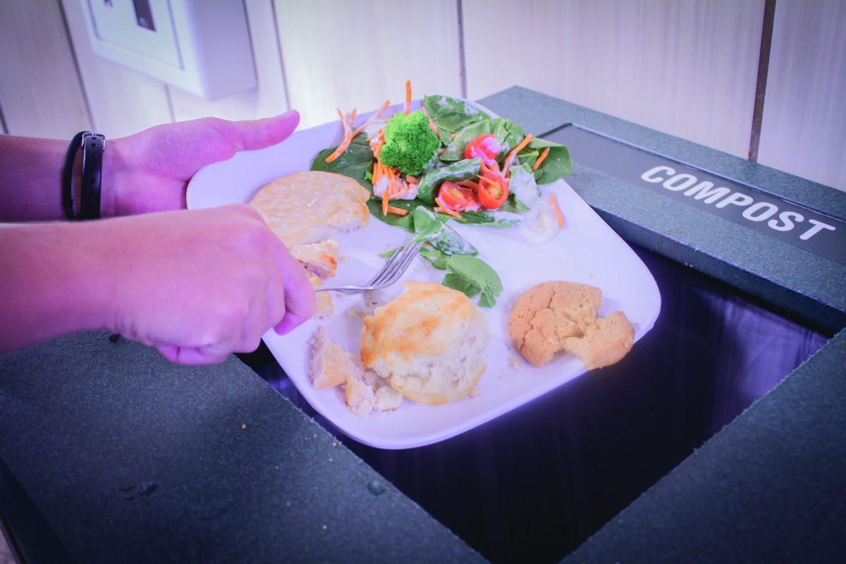 Compost bins have been installed in Dining Hall West to decrease food waste and reduce landfill contribution. Photo by Anna Phengsakmueang | Photo Editor 