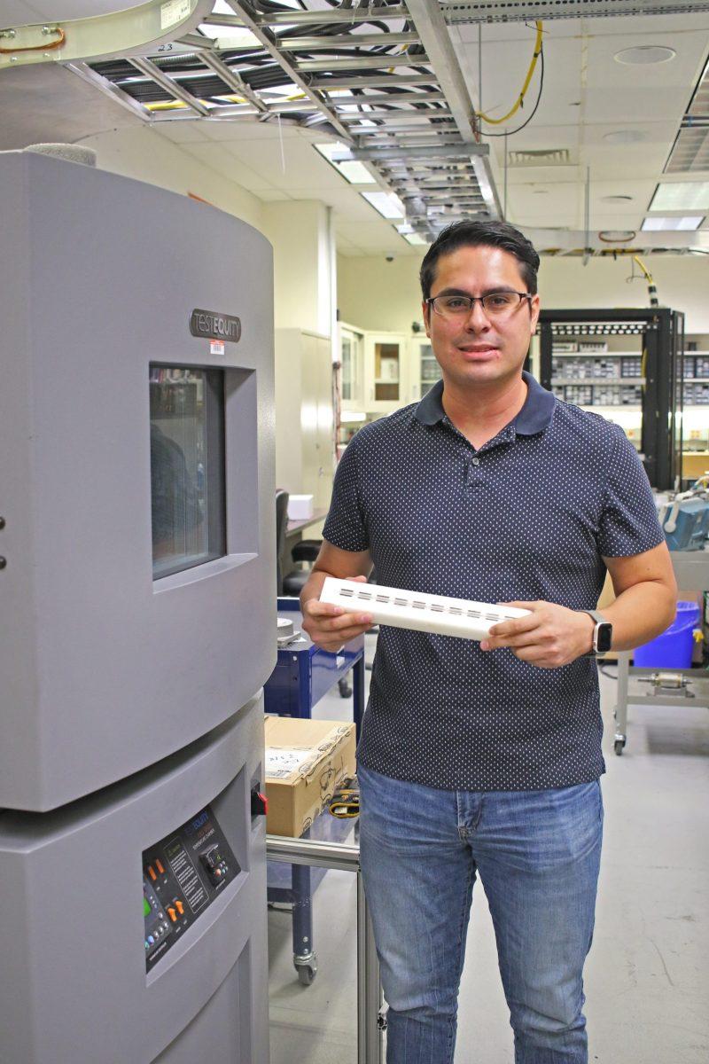 Electrical engineering doctoral student and research engineer Carlos Caicedo-Narvaez said the technology provides an eco-friendly approach to energy development. Photo by Esther Mathew | Mercury Staff