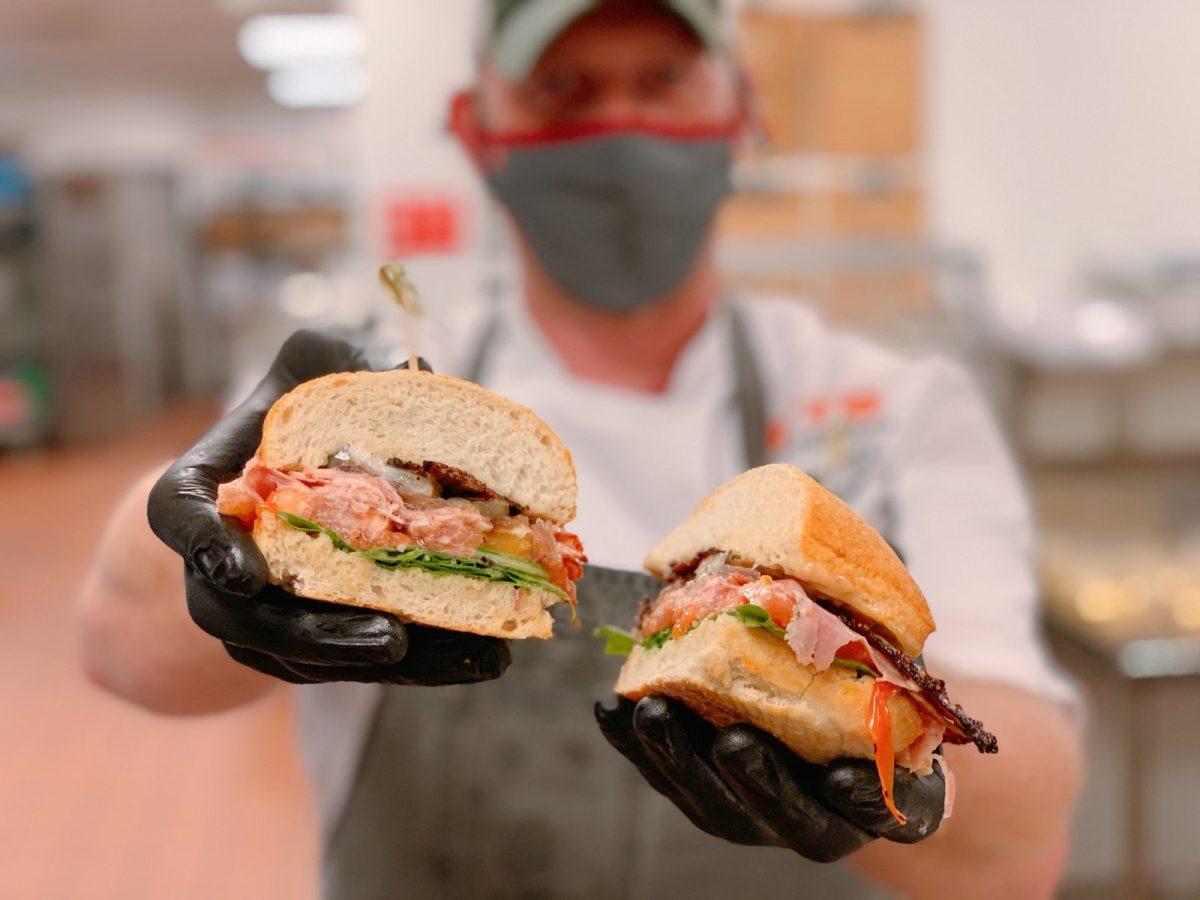 Tyler’s original sandwich is a blend of flavors, including spicy sriracha bacon, sour horseradish sauce and sweet brown sugar aioli sauce. (Photo courtesy of Michael Tyler).