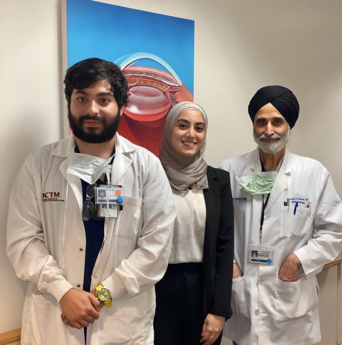 Glaucomedi was founded by biomedical engineering graduate student Hebah Abdallah, biomedical engineering senior Jacob Awkal and associate professor in the Department of Ophthalmology at UT Southwestern Karanjit Kooner. (Photo courtesy of Glaucomedi team). 
