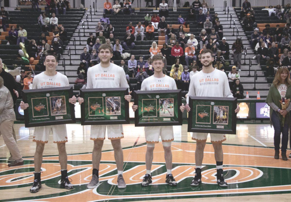 Basketball seniors from left to right: Guard Kyle Poerschke, Center Will Isaac, Guard Hunter Stevens, and Forward James Curtis. Isaac, Stevens and Curtis played for the Comets all four years of college, while Poerschke joined on this year. Photo by Vedant Sapra | Mercury Staff
