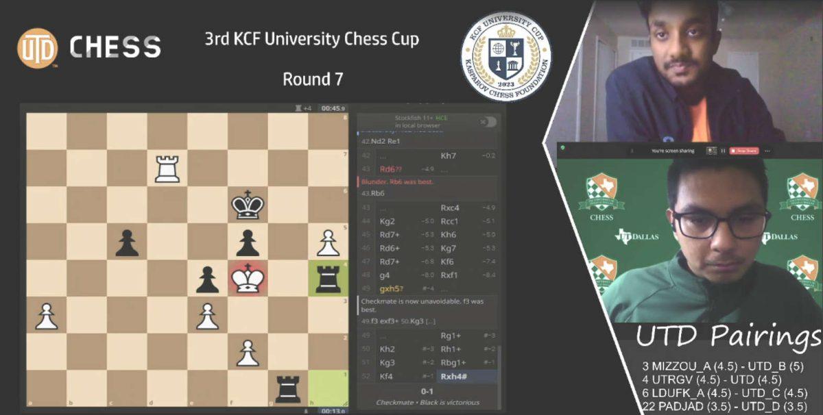 Gergana Peycheva from UTD C (Black) secures a checkmate, with commentary from events coordinator Nikhilesh Prabhakar (top right) and Coach Julio Sadorra (bottom right). | Photo courtesy of UTD Chess