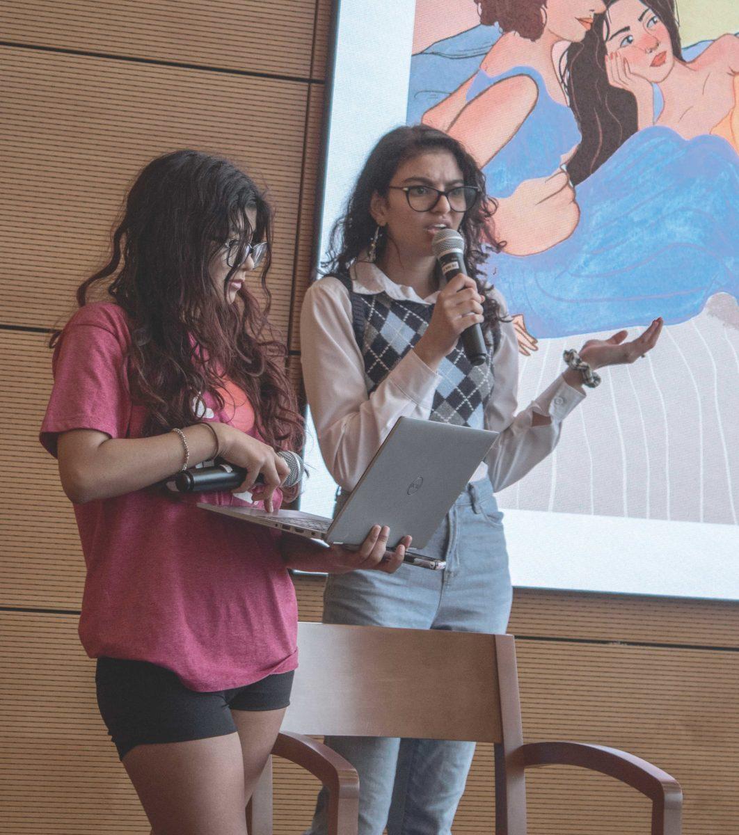 Sara Juneja (left) and Sharvari Pendharkar (right) speak about sexual health in the U.S. Photo by André Averion | Mercury Staff
