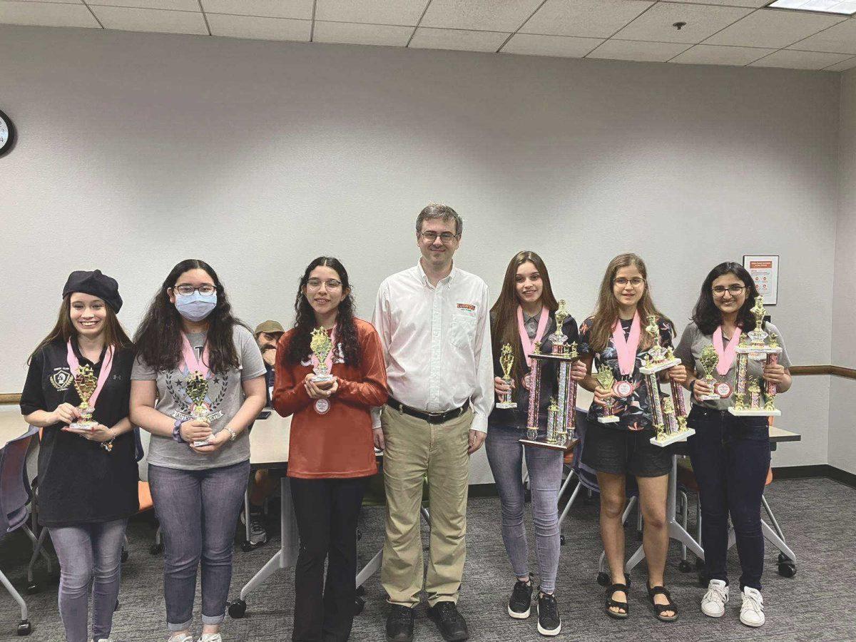IM Tarini Goyal (far right) and FM Gergana Peycheva (third from right) travelled to Brownsville, Texas to compete in the March 25 tournament. Photo Courtesy of UTD Chess Team