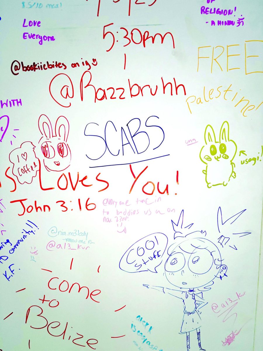 Students’ colorful messages at The Mercury’s Free Speech Wall, which were displayed across  3 white doors fastened together. 
