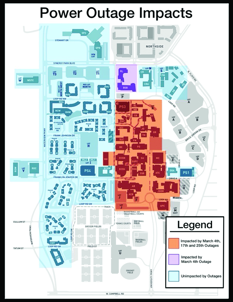 A color coded map of the campus indicating what areas were affected by each power outage. The main academic core was impacted by all three outages, while the Natural Science and Engineering Research Lab and the Bioengineering and Sciences Building were only affected by the March 4th Outage. The rest of campus was unaffected. 