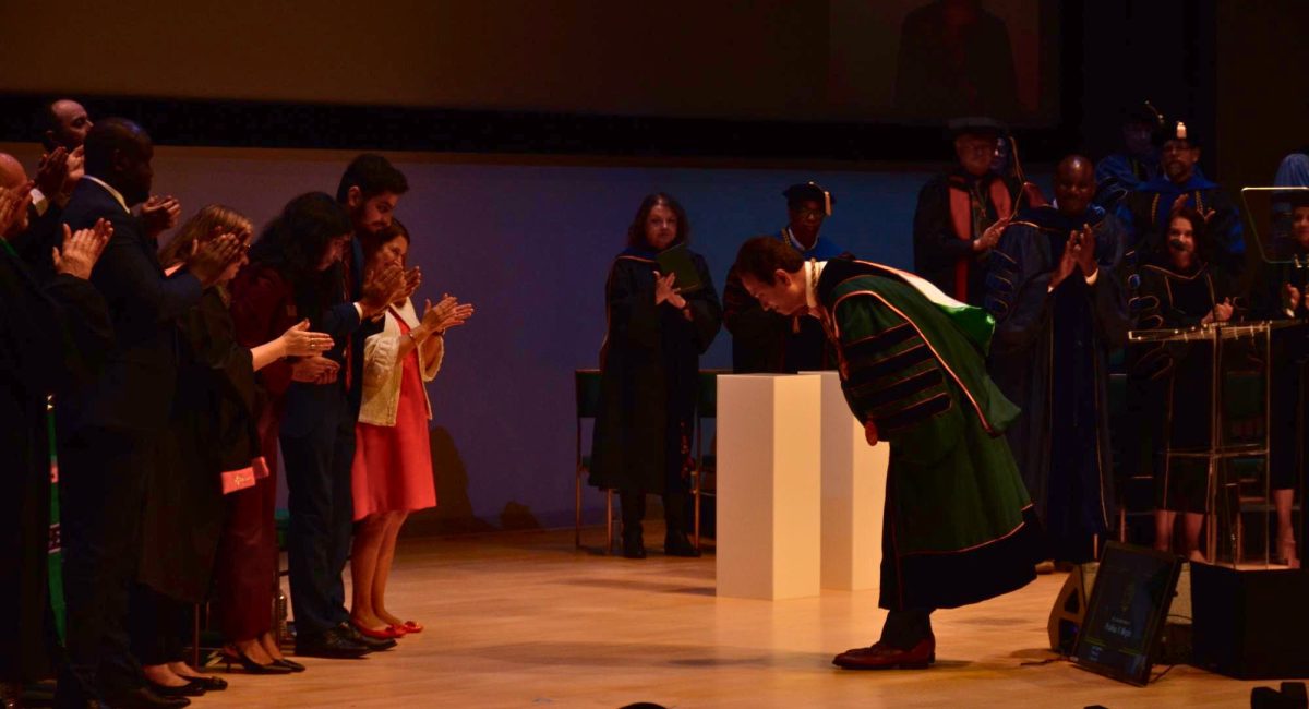 UTD President Prabhas Moghe after receiving the Eugene McDermott Distinguished University Chair in Leadership medallion.